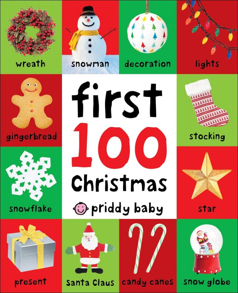 Colorful board book page titled "first 100 christmas" with images and labels including a wreath, snowman, decoration, lights, gingerbread, stocking, snowflake, star, present, santa claus, candy canes, and a snow globe.