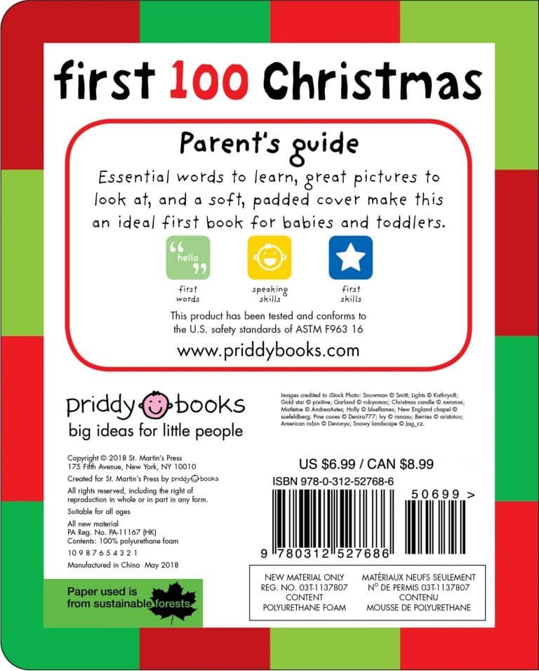 the back cover of a book titled "first 100 christmas words," featuring product information, barcodes, isbn, and a description highlighting its features as a padded cover book ideal for babies and toddlers.