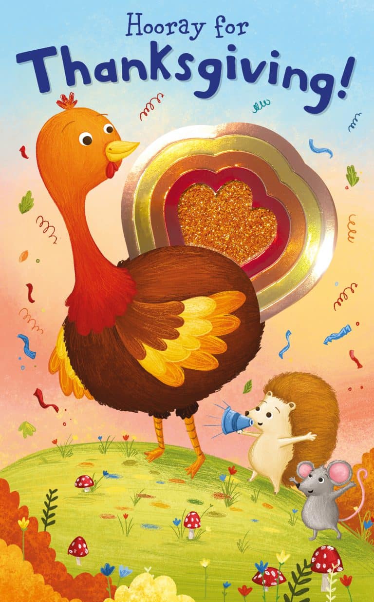 Illustration saying "hooray for thanksgiving!" featuring a cheerful turkey with a glittering tail, surrounded by colorful confetti, and a squirrel and mouse celebrating with musical instruments on a grassy field.