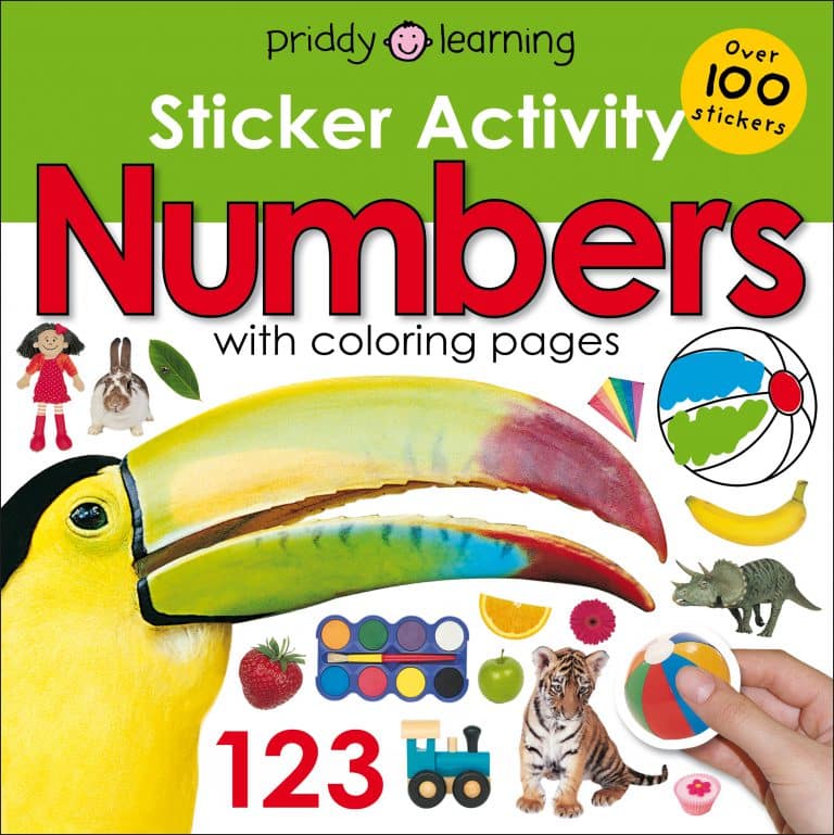 Cover of "sticker activity numbers" book by priddy learning featuring various colorful stickers including fruits, animals, and numbers, emphasizing children's educational content.