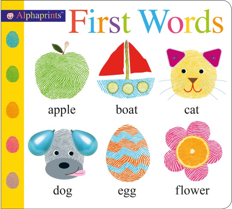 A children's educational poster displaying the words "apple," "boat," "cat," "dog," "egg," and "flower," each with a colorful, textured illustration next to it.
