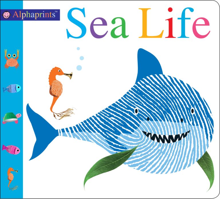 Colorful illustration from "alphaprints sea life" book showing a friendly textured shark with various small sea creatures like a seahorse and fish around it, designed with unique fingerprint patterns.