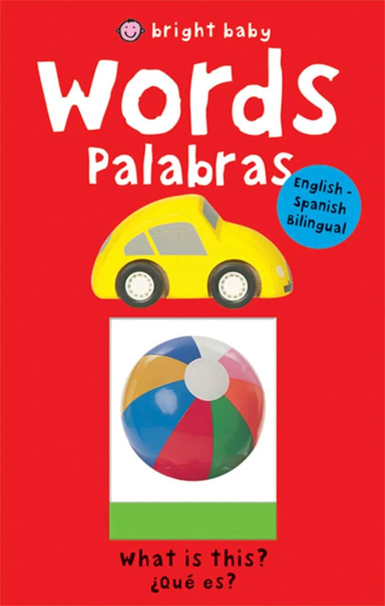 Cover of a bilingual english-spanish children's book titled "words/palabras" featuring a yellow toy car and a colorful ball, with "what is this? ¿qué es?" written at the bottom.