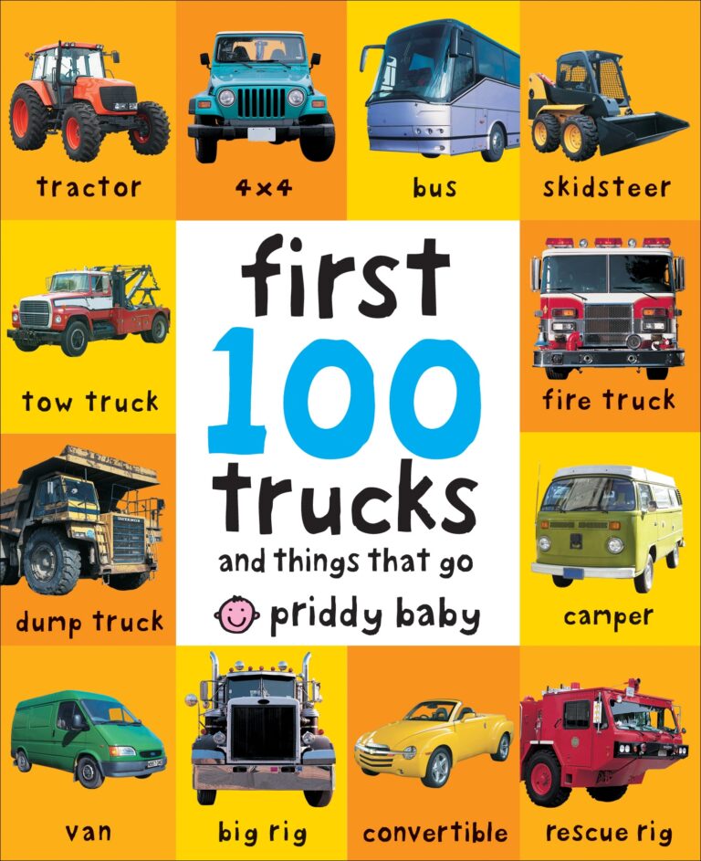 Illustrated cover of "first 100 trucks and things that go" featuring colorful images of various vehicles like a tractor, bus, fire truck, and more, with the title in bold lettering.