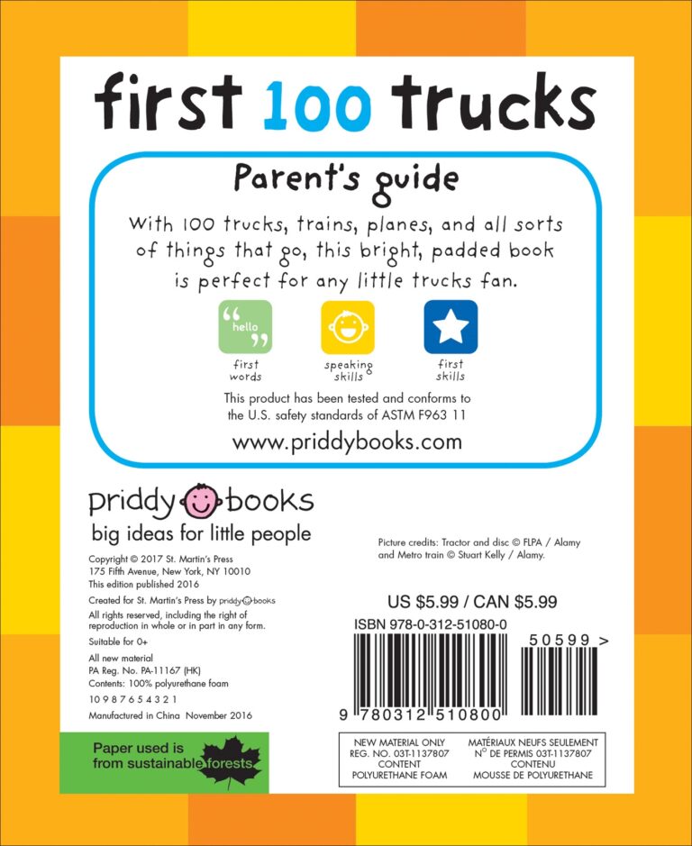 A colorful promotional poster for a book titled "first 100 trucks," featuring text, educational symbols, and price details, including isbn and barcode. it emphasizes being made with sustainable sources.