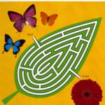 Leaf-shaped maze on yellow background with colorful butterflies and a flower at the finish.