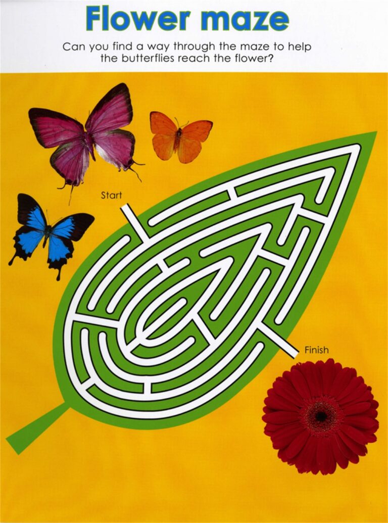 Leaf-shaped maze on yellow background with colorful butterflies and a flower at the finish.