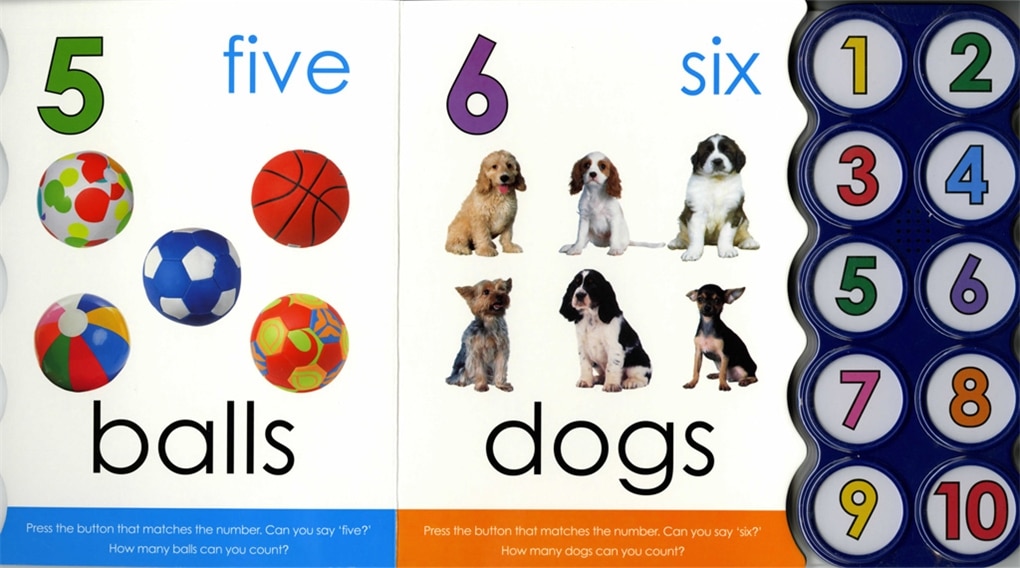 9780312508784.IN02.IN01 Children's counting book pages showing 5 balls and 6 dogs, with numbered buttons 1 to 10 on the side.