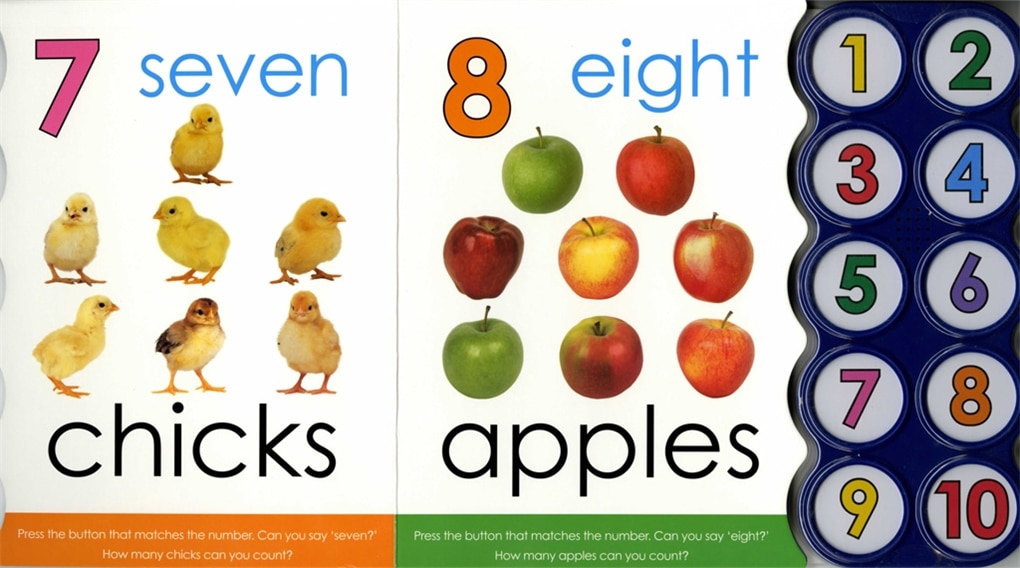 9780312508784.IN03.IN01 Counting book pages with seven chicks and eight apples, and numbered buttons from 1 to 10 on the right.