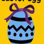 Illustration of a blue Easter egg with black patterns and a purple bow on a yellow background.