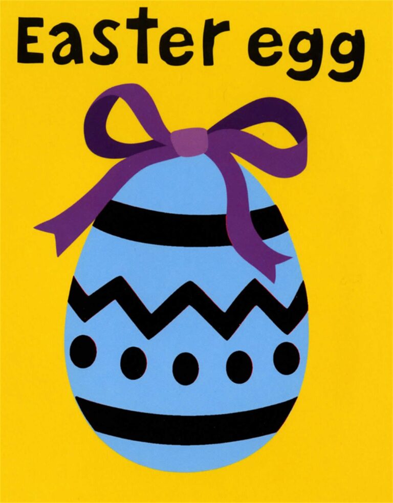 Illustration of a blue Easter egg with black patterns and a purple bow on a yellow background.