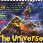 Colorful nebula image with text about the universe's vastness and formation of stars and galaxies.