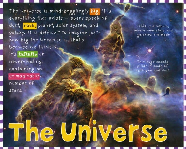 Colorful nebula image with text about the universe's vastness and formation of stars and galaxies.