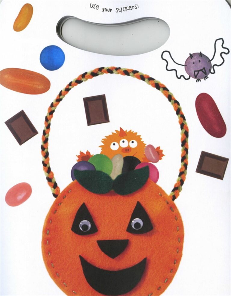 Halloween-themed collage with a pumpkin bag, candies, a small orange creature, and a bat sticker.
