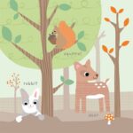 Illustration of a rabbit, squirrel, and deer in a forest with trees and a mushroom.