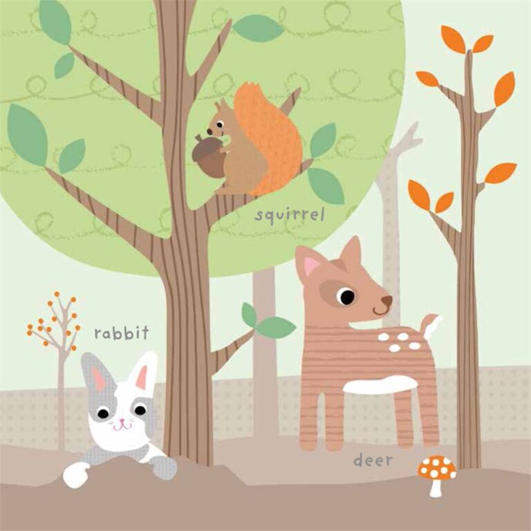 Illustration of a rabbit, squirrel, and deer in a forest with trees and a mushroom.
