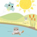 Cartoon beaver in water with a twig, dragonfly, and owl nearby under a bright sun in a grassy landscape.
