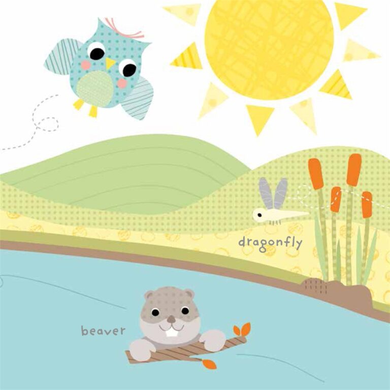 Cartoon beaver in water with a twig, dragonfly, and owl nearby under a bright sun in a grassy landscape.