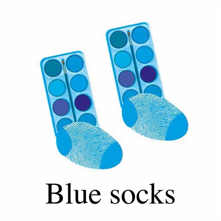 Illustration of blue socks resembling watercolor palettes, with "Blue socks" text below.