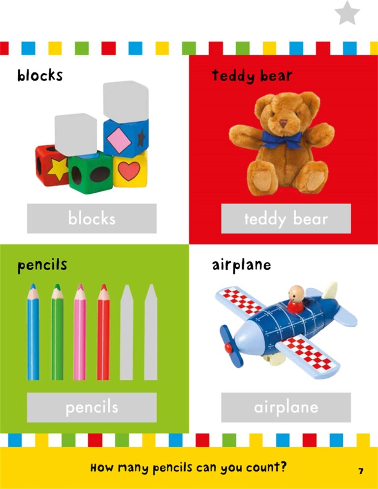 Toy blocks, teddy bear, four colored pencils, and a toy airplane on a colorful background.