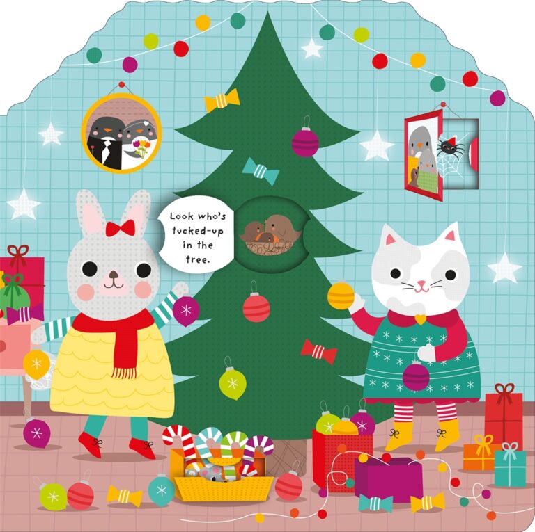 Cute animals in festive attire decorating a Christmas tree with gifts and ornaments in a cozy room.