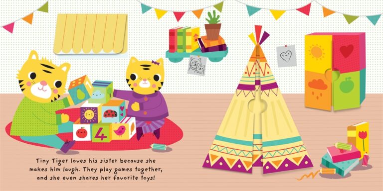 Two tiger cubs playing with colorful blocks and a toy train in a playroom with a tent and decorations.