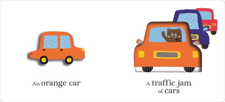 An orange car next to a traffic jam of cars with a waving bear in the front.