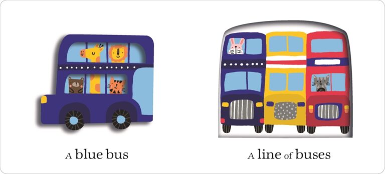 Illustration of a blue bus with animals and a line of colorful buses with different animals inside.