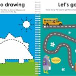 Children's activity book pages with dinosaur tracing and a map to guide a school bus to school.