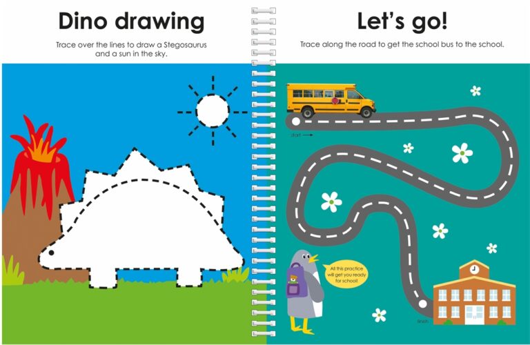 Children's activity book pages with dinosaur tracing and a map to guide a school bus to school.