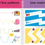 Children's activity book pages with line tracing and matching exercises using rockets and bugs.