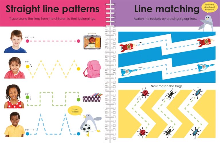 Children's activity book pages with line tracing and matching exercises using rockets and bugs.