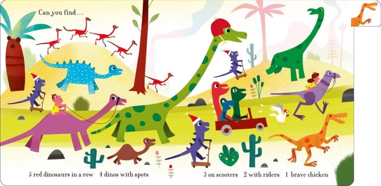 Colorful dinosaurs with riders are in a vibrant landscape, featuring scooters, props, and a playful atmosphere.