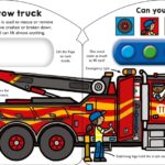 Children exploring a heavy tow truck with interactive features and instructions.