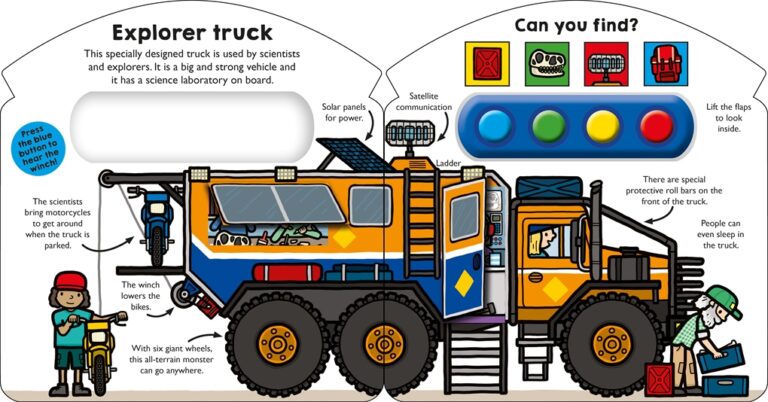 Illustration of an explorer truck with science equipment, large wheels, and people setting up bikes and preparing gear.