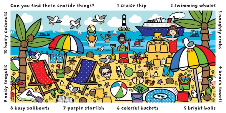 Colorful beach scene with umbrellas, animals, and activities. Objects and creatures to find are listed on the sides.