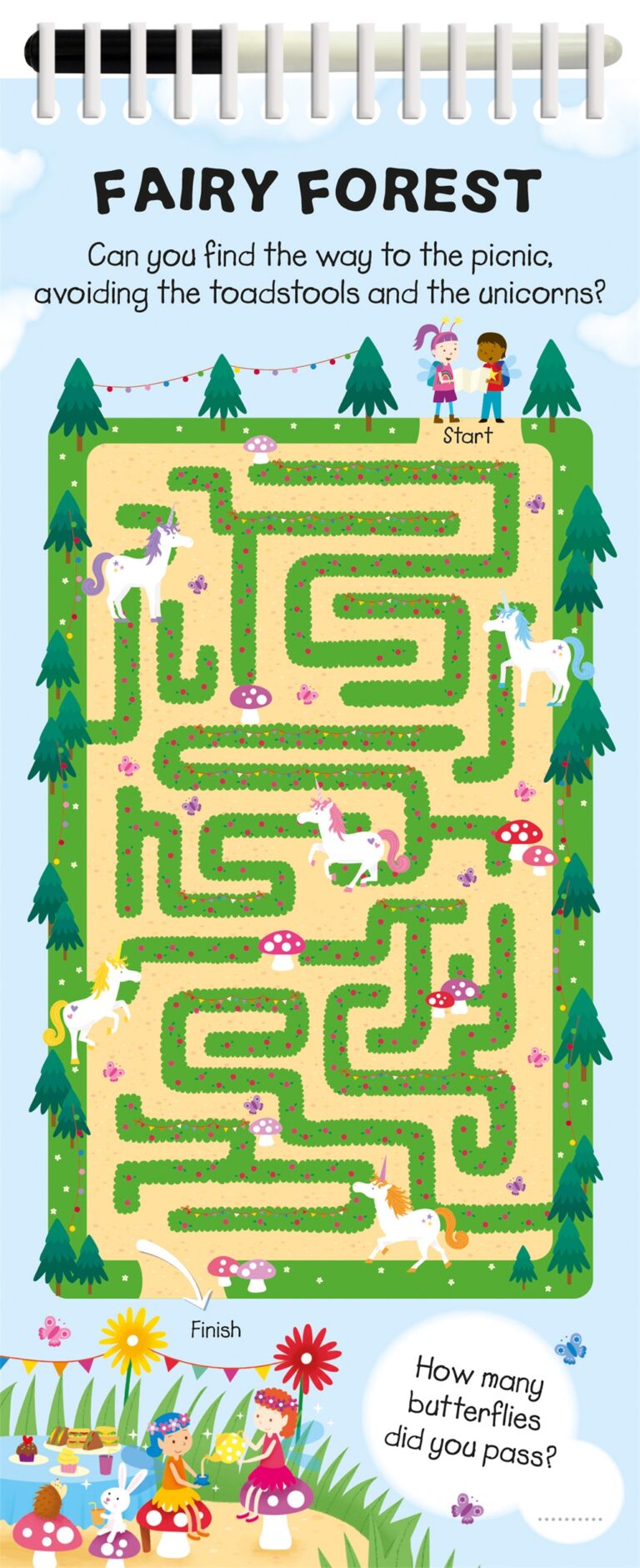 Maze in a fairy forest with unicorns and toadstools. Find the way to the picnic, avoiding obstacles.