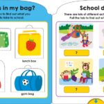 Children's book page with school items and activities, featuring drawings of animals at school and sports gear.