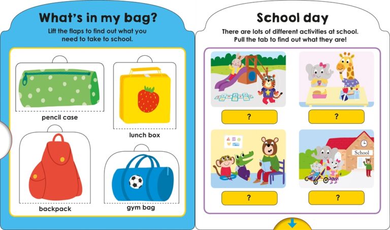 Children's book page with school items and activities, featuring drawings of animals at school and sports gear.