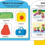 Illustrated guide to school items and activities with interactive flaps and images of animals.