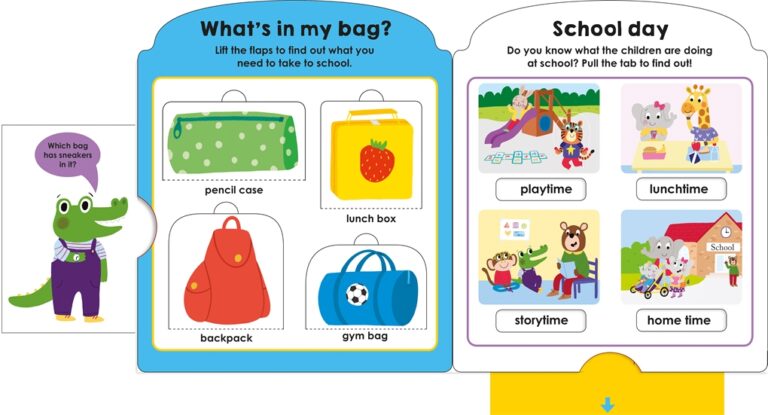 Illustrated guide to school items and activities with interactive flaps and images of animals.