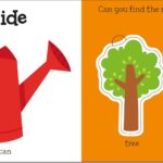 Illustrated book pages with a watering can, tree, flower, and snail cut-outs for matching play.