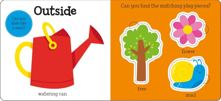 Illustrated book pages with a watering can, tree, flower, and snail cut-outs for matching play.