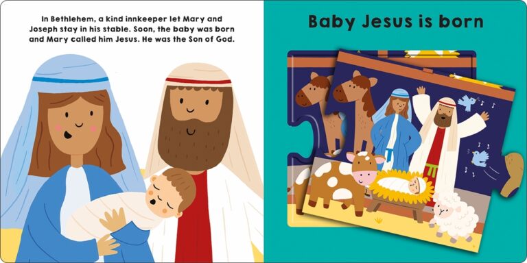 Illustration of Mary and Joseph with baby Jesus in a manger scene, with animals and shepherds.