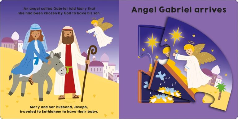 Illustration of Mary and Joseph with a donkey, angels, and a nativity scene in a colorful biblical storybook.