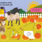 Illustration of a pumpkin patch with various animals in costumes. A white sheep wears a pirate hat, another in the back has bat wings. Mice, pumpkins, and a cart with a small scarecrow are scattered around. Text bubbles ask viewers to find a bag of candy and count the mice.