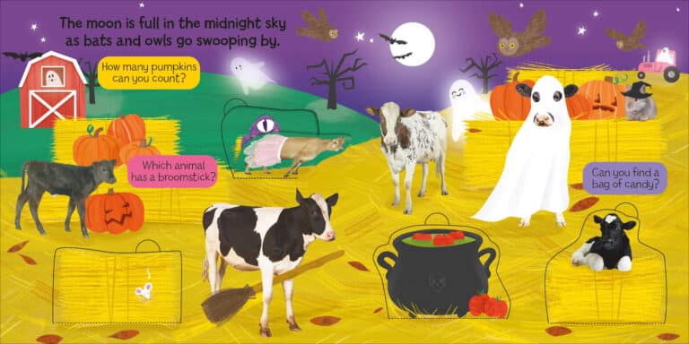 A nighttime farm scene with a spooky Halloween theme. Several cows in costumes, an owl, bats, and ghosts are present. A barn and haystacks are in the background. There are pumpkins, a cauldron, and a broomstick with questions prompting viewers to count or find items.