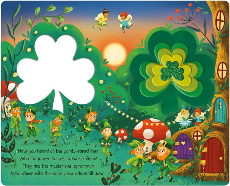 Colorful scene with leprechauns and fairies in a forest, featuring large shamrocks and whimsical houses.