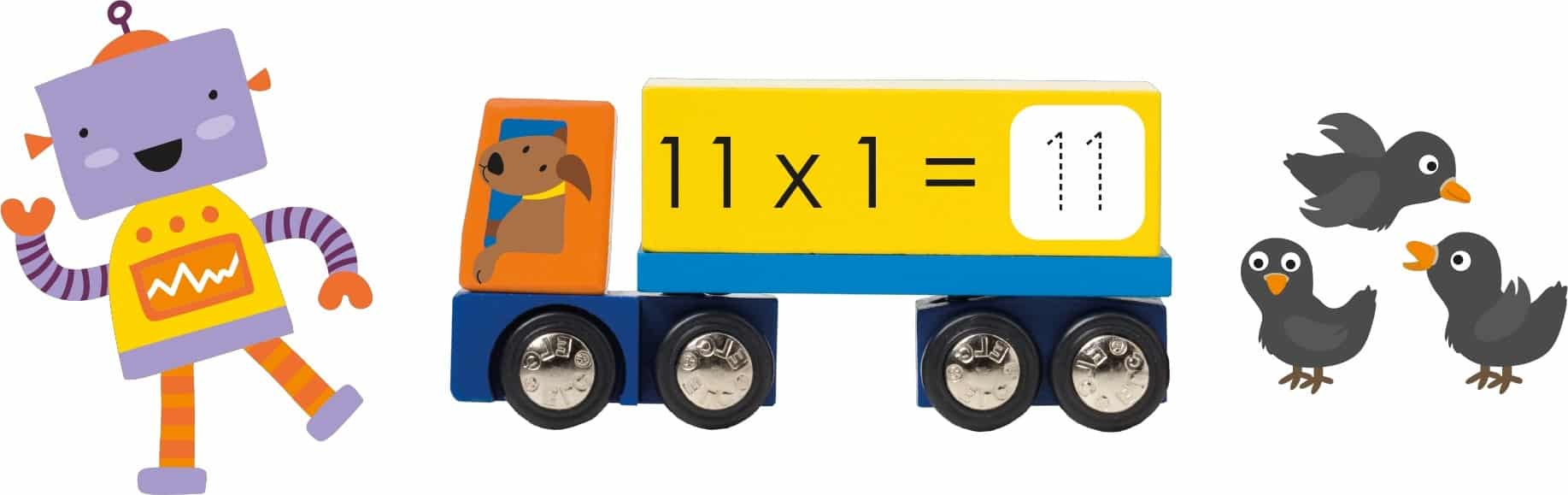 Colorful toy collection featuring a robot, a truck with a math equation, and three cartoonish birds, arranged from left to right on a white background.