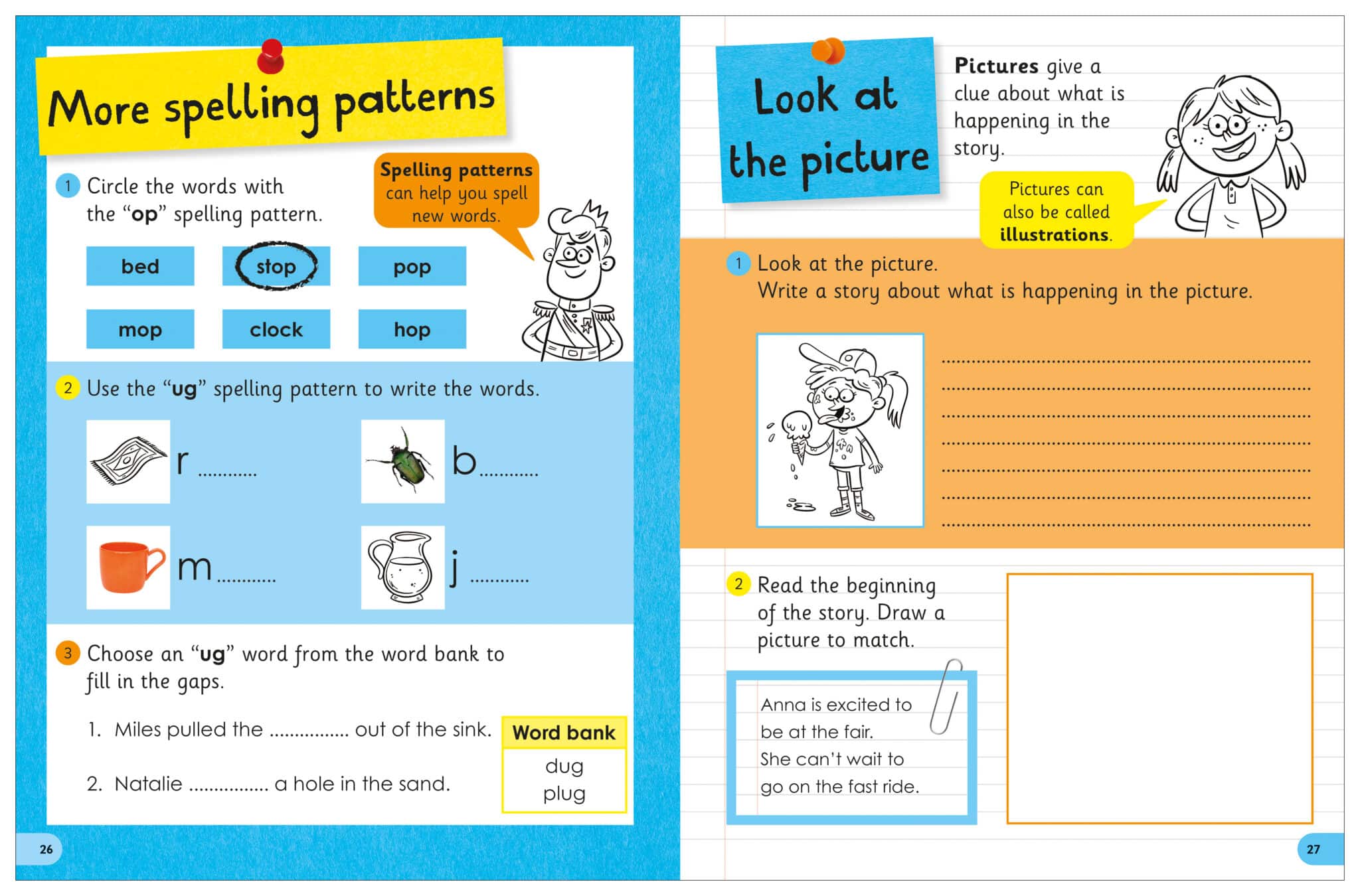 An educational workbook page featuring spelling activities with illustrations of a girl, a dog, and classroom objects like a mop and a clock. instructions prompt circling words and filling in blanks.